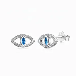 Boucles d'Oreilles Clous en Argent Sterling 925 Mauvais Œil avec Zirconia Bleu Incrusté Bijoux de Niche Minimalistes de Luxe pour Femme