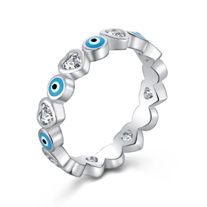 Elegant S925 sterling silver evil eye ring with blue enamel and heart zircon inlay