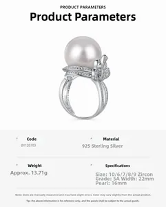 Detailed spec sheet of 16mm pearl ring with S925 sterling silver and 5A cubic zirconia