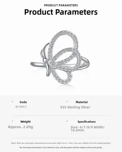 Detail showing S925 sterling silver butterfly ring parameters and white zircon inlay texture
