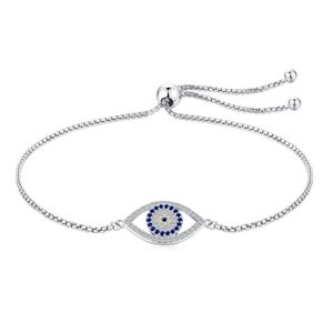 Bracelet œil porte-bonheur en argent 925 réglable avec zircons bleus et blancs