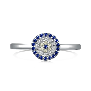 S925 sterling silver evil eye ring with blue zircon stones and polished silver finish
