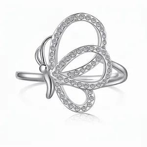 S925 Sterling Silver Butterfly Ring For Women Zirconia Inlaid Light Luxury Niche Design Hollow Wing Ring Fashion Jewelry Gift
