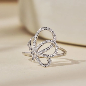 Elegant S925 sterling silver butterfly ring with sparkling cubic zirconia pavé setting