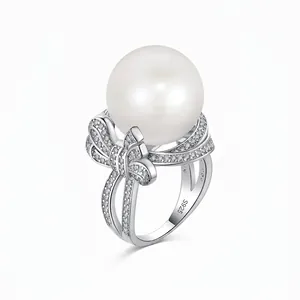 Elegant 925 Sterling Silver Artificial Pearl Ring Luxurious Bowknot Cubic Zirconia Inlaid Finger Ring For Women Wedding Party Jewelry
