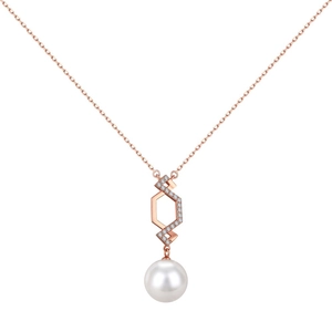 S925 sterling silver necklace with rose gold geometric zircon pendant and a large pearl