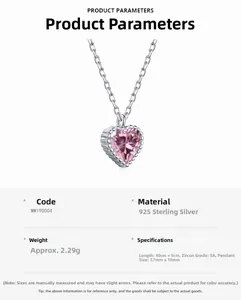 Detailed spec sheet showing S925 sterling silver heart necklace with pink zircon dimensions