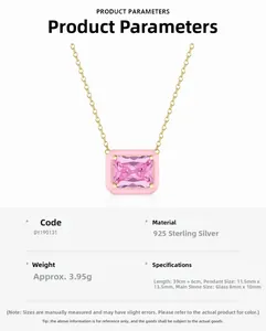 Detail view of S925 sterling silver necklace with pink enamel and rectangular zircon pendant