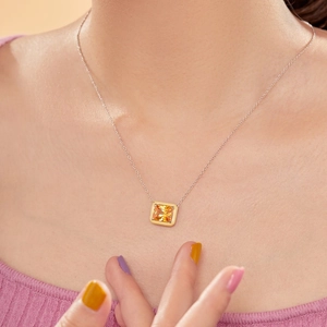Elegant S925 silver necklace featuring a vibrant yellow rectangle zircon pendant on a model
