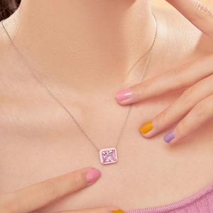 S925 sterling silver necklace with pink square zircon and enamel pendant on a model