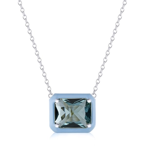 S925 sterling silver necklace with rectangle teal stone and light blue enamel pendant