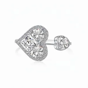 Luxury 925 Sterling Silver Heart Open Ring For Women Adjustable Cubic Zirconia Double Heart Ring High End Fashion Jewelry