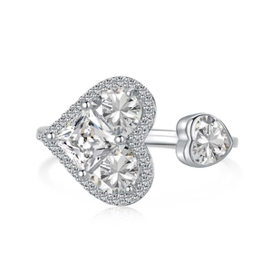 Elegant S925 sterling silver open ring with sparkling heart-shaped zircon stones
