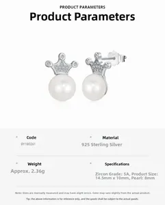 Detail view of S925 sterling silver crown stud earrings with zircon and freshwater pearl