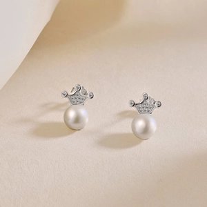 Elegant S925 sterling silver crown stud earrings with freshwater pearls and sparkling crystals
