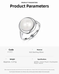 Detailed view of adjustable S925 sterling silver ring with a 10mm freshwater pearl