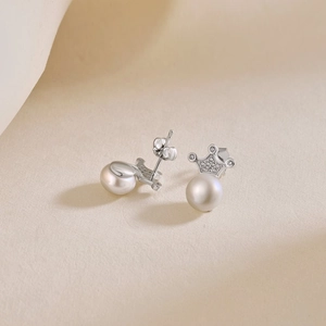 S925 sterling silver crown earrings with natural freshwater pearls and zircon stones