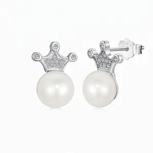 925 Sterling Silver Crown Freshwater Pearl Stud Earrings Elegant Rhinestone Inlaid Earrings For Women Jewelry Gift