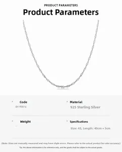 Detailed view of S925 sterling silver water wave chain with 45cm length specifications