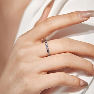 S925 sterling silver evil eye ring with heart-shaped zircon and blue enamel inlays