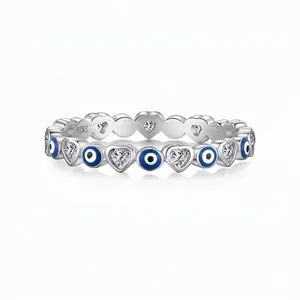 S925 Sterling Silver Evil Eye Heart Ring For Women Exquisite Zirconia Inlaid Enamel Band Fashion Ethnic Finger Jewelry Gift