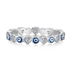S925 sterling silver evil eye heart ring with sparkling cubic zirconia insets