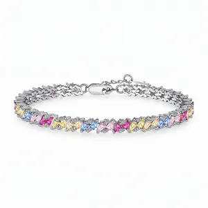Bracelet en Argent Sterling 925 avec Zirconia Coloré pour Femmes Bracelet Arc-en-ciel de Luxe Taille Baguette Incrusté à la Main Réglable Bijoux Cadeau
