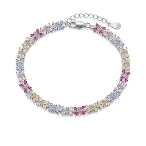 Women S925 Sterling Silver Bracelet Colorful Zirconia Inlaid Floral Geometric Link Chain Bracelet For Wedding Party Fashion Jewelry