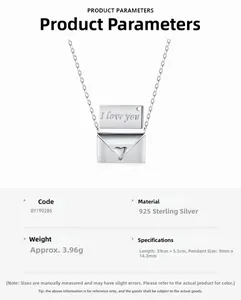 Detail view of 925 silver envelope necklace with engraved I Love You card and heart
