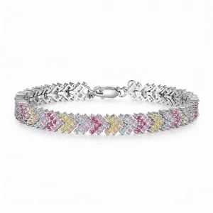 925 Sterling Silver Colorful Zirconia Tennis Bracelet For Women V-shaped Chevron Inlaid Rainbow Bracelet Fashion Jewelry Gift