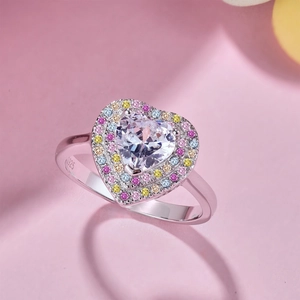 Bague en argent S925 style français avec grand zircon en cœur et pierres multicolores