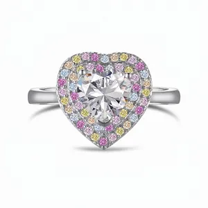 Bague Cœur en Argent Sterling 925 Français pour Femme Double Halo Zirconia Bague de Fiançailles Mariage Rose Multicolore Zirconia