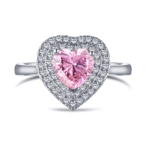Bague élégante en argent 925 avec un grand zircon cœur rose serti d'un double halo brillant