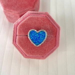 S925 sterling silver heart ring with blue opal inlay in a pink velvet jewelry box