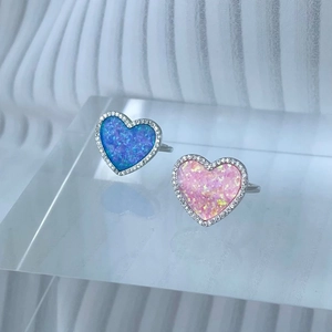 S925 sterling silver heart ring with fire opal stone and sparkling zircon border