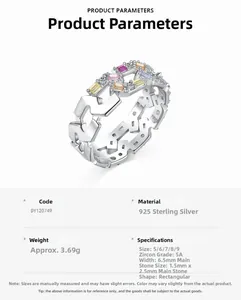 Détails de la bague en argent S925 avec zircons arc-en-ciel 5A et largeur de 6,5 mm