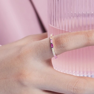 S925 sterling silver ring with colorful rectangular zircons worn on finger