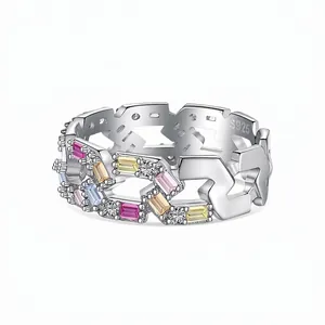 Bague en Argent Sterling S925 Chaîne Creuse Géométrique pour Femme Avec Zirconia Cubique Coloré Bijoux de Doigt de Mode Cadeau
