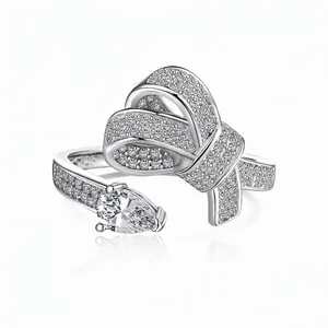 Bague Nœud Papillon en Argent Sterling 925 Style Français Avec Zirconia Taille Poire Pierre Principale Ouverte Ajustable