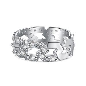 Bague en argent sterling S925 avec chaîne géométrique creuse et zircons clairs