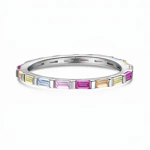 French Wedding 925 Sterling Silver Rainbow Zirconia Eternity Ring For Women Baguette Cut Colorful Fashion Jewelry Gift