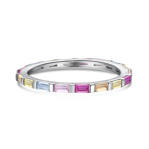 S925 sterling silver eternity ring with colorful baguette-cut cubic zirconia crystals