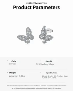Macro detail of 925 sterling silver butterfly earrings with 5A zircon inlay and dimensions