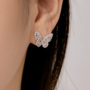 Elegant S925 sterling silver butterfly stud earrings inlaid with sparkling zircons