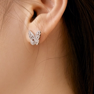 Elegant butterfly stud earrings in S925 sterling silver with sparkling zircon stones