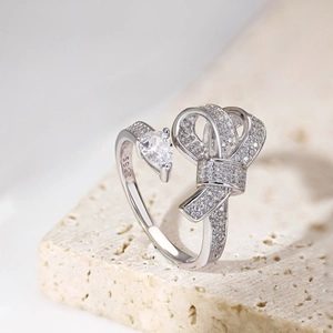 S925 sterling silver bow knot open ring with sparkling white zircon stones for women