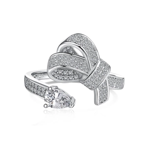 Elegant S925 sterling silver bow ring with sparkling zircon stones and pear cut drop
