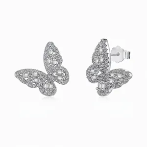 925 Sterling Silver Butterfly Stud Earrings Sparkling Zirconia Inlaid Wing Earrings Dainty Light Luxury Women Fashion Jewelry
