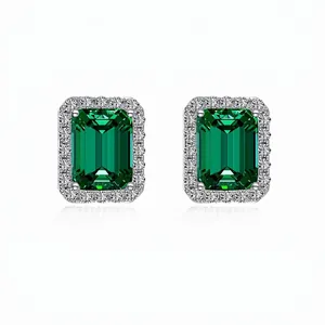 Boucles d'Oreilles Clous Halo en Argent Sterling 925 Émeraude Synthétique pour Femme Bijoux de Zirconia