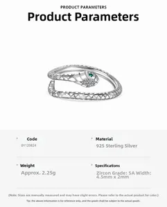 Macro detail of S925 sterling silver snake ring with green zircon eyes and white stones